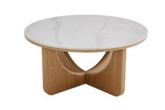 Runder Couchtisch ENSO 80cm weiß Marmor Keramik Eichenholz