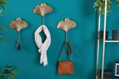 Dekoratives Kleiderhaken 3er Set GINKGO 30cm gold handmade Metall