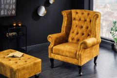 Design Ohrensessel CHESTERFIELD 85cm senfgelb Samt Knopfheftung