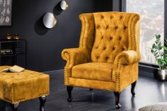 Design Ohrensessel CHESTERFIELD 85cm senfgelb Samt Knopfheftung