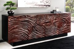 Massives Sideboard FLUID 175cm walnuss-braun Akazienholz 3D-Design schwarzer Sockelfuß