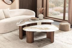 2er Set Couchtische OSAKA 120cm weiß Pandora Keramik Walnuss