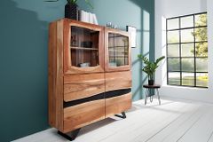 Massives Highboard AMAZONAS 140cm Akazie Metall Vitrine Baumkante