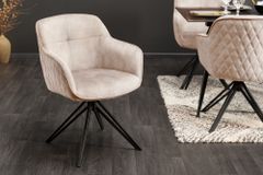 Drehbarer Design Stuhl EUPHORIA champagner greige Samt mit Armlehne Metallgestell schwarz