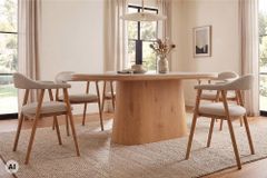 Ovaler Esstisch UNIQUE 200cm beige natur Travertin Eiche mit Säulenfuß