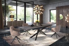 Drehbarer Design Stuhl EUPHORIA champagner greige Samt mit Armlehne Metallgestell schwarz