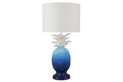 Handgefertigte Tischlampe PINEAPPLE 50cm blau weiß Ananas-Design mit Stoffschirm