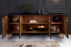 Handgearbeitetes Sideboard GOLDEN SUNSET 180cm schwarz mit 3D Schnitzereien gold Mangoholz Metallbeine