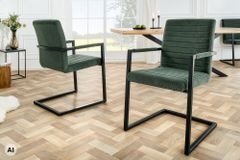 Industrial Freischwinger LOFT grün Cord schwarz Eisen mit Armlehne