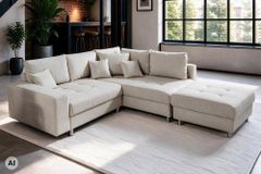 Wohnlandschaft KENT 220cm beige Strukturstoff  Ecksofa Federkern inkl. Hocker
