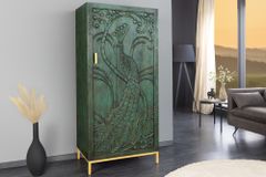 Massives Highboard PEACOCK 170cm grün Mangoholz antik 3D Schnitzerei Pfau-Design