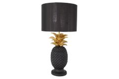 Handgefertigte Tischlampe PINEAPPLE 50cm schwarz Ananas-Design gold mit Stoffschirm