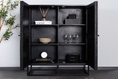 Massives Highboard BARRACUDA 120cm grau Mangoholz mit Teakholz-Front schwarz Metall