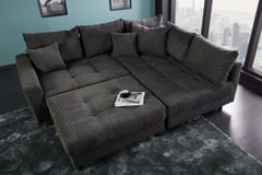 Modernes Ecksofa KENT 220cm dunkelgrau Cord inklusive Hocker Federkern Wohnlandschaft