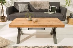 Massivholz Couchtisch THOR 110cm Wildeiche geölt X-Gestell Metall anthrazit Industrial Design