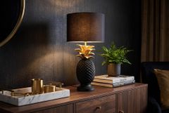 Handgefertigte Tischlampe PINEAPPLE 50cm schwarz Ananas-Design gold mit Stoffschirm