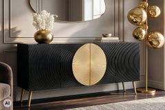 Massives Sideboard AURUM 180cm schwarz Mangoholz mit ikonischem Gold-Element