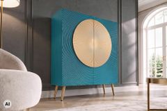 Massives Highboard AURUM 120cm türkis Mangoholz mit ikonischem Gold-Element