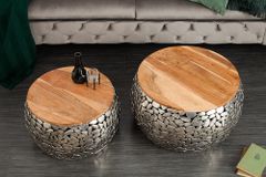 2er Set Runde Couchtische STONE MOSAIC 65cm silber Mangoholz Metall handmade Mosaik Design