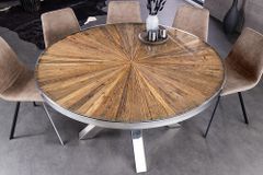 Runder Esstisch BARRACUDA 140cm braun Teak Massivholz Glas silber Edelstahl verchromt