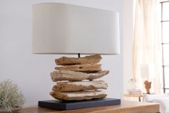 Handgearbeitete Treibholz Lampe RIVERINE 55cm creme Leinenschirm Tischleuchte