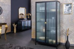 Moderne Vitrine AMSTERDAM 160cm schwarz gold Riffelglas Metall Highboard Schrank