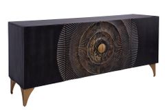 Handgearbeitetes Sideboard GOLDEN SUNSET 180cm schwarz mit 3D Schnitzereien gold Mangoholz Metallbeine