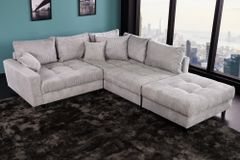 Modernes Ecksofa KENT 220cm hellgrau Cord inkl. Hocker Federkern L-Form Wohnlandschaft