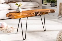 Massiver Couchtisch WILD 100cm Teak Massivholz Baumscheibe Hairpin Legs