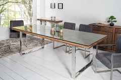 Massiver Esstisch BARRACUDA 180cm antik Teak Holz mit Stahl Kufenfüßen inkl. Glasplatte