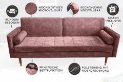 Modernes Schlafsofa COUTURE 200cm altrosa Microvelours 3-Sitzer Couch mit Schlaffunktion