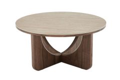 Runder Couchtisch ENSO 80cm champagner greige Travertin Keramik Walnussholz