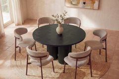 Design Esstisch BABYLON 120cm schwarz Fischgrät Eiche rund mit drei Säulenfüßen