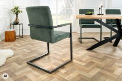 Industrial Freischwinger LOFT grün Cord schwarz Eisen mit Armlehne