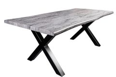 Industrial Esstisch WILD 160cm grau gekälkt Wildeiche-Design Baumkante schwarz  X-Gestell