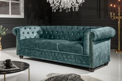 Chesterfield 3-Sitzer Sofa 205cm petrol Samt Federkern Goldnieten Knopfheftung