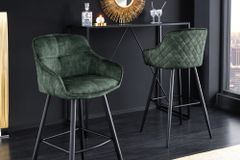 Design Barhocker EUPHORIA dunkelgrün Samt schwarze Metallbeine Barstuhl mit Lehne