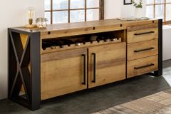 Massivholz Sideboard THOR 195cm braun Pinie mit Schubladen Weinregal Industrial Design