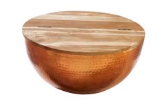 Runder Couchtisch ORIENT STORAGE 60cm kupfer Hammerschlag handmade Akazienholz mit Stauraum