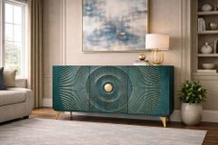 Handgearbeitetes Sideboard GOLDEN SUNSET 140cm türkis mit 3D Schnitzereien gold Mangoholz Metallbeine