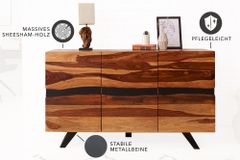 Massivholz Sideboard AMAZONAS 150cm braun Sheesham Baumkante schwarzes Metallgestell