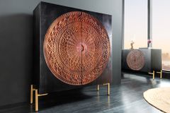 Massives Highboard MANDALA 120cm Mangoholz mit 3D Schnitzereien schwarz goldene Füße