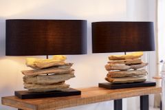 Handgearbeitete Treibholz Lampe RIVERINE 55cm schwarz Leinenschirm Tischleuchte