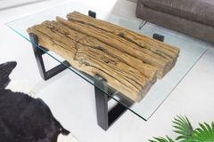 Design Couchtisch BARRACUDA 130cm recyceltes Teakholz Glasplatte schwarz Edelstahl Industrial