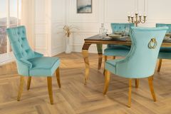 Chesterfield Stuhl CASTLE blau Samt goldene Edelstahlbeine mit Komfortgriff