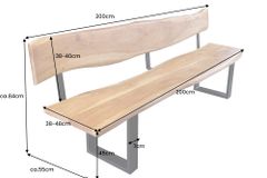 Massivholz Sitzbank MAMMUT 200cm natur Akazie mit Lehne Baumkante schwarzes Metallgestell