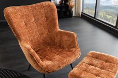 Design Sessel SCANDINAVIA rost braun Chenille Cremona schwarz Metall mit Armlehne