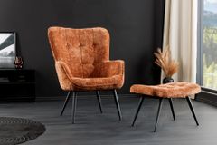 Design Sessel SCANDINAVIA rost braun Chenille Cremona schwarz Metall mit Armlehne