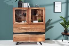 Massives Highboard AMAZONAS 140cm Akazie Metall Vitrine Baumkante