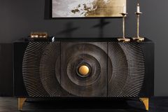 Handgearbeitetes Sideboard GOLDEN SUNSET 140cm schwarz mit 3D Schnitzereien gold Mangoholz Metallbeine